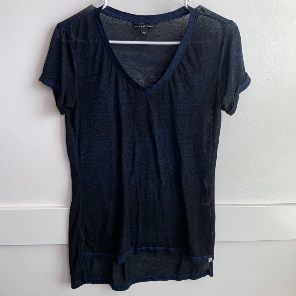 Rock & Republic Blue & Black Sheer V-Neck Short Sleeve Shirt